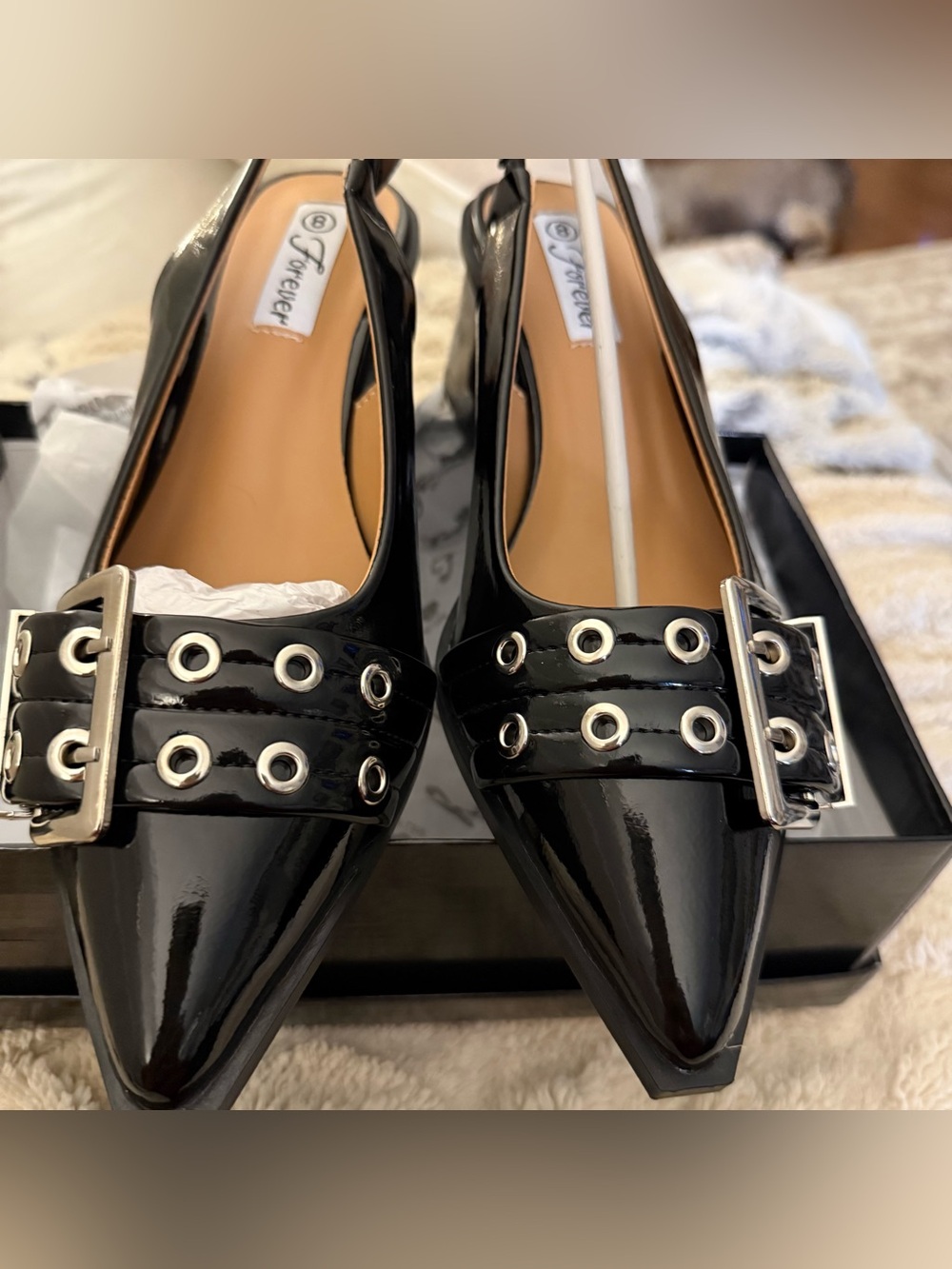 Forever Enchant-34 Black Patent Buckle Slingback Heels Size 8 NEW